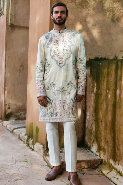 Light grey shimmer embroidered kurta set