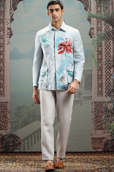 Light blue floral hand-painted shacket