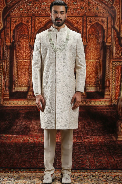 Cream floral dabka embroidered sherwani set