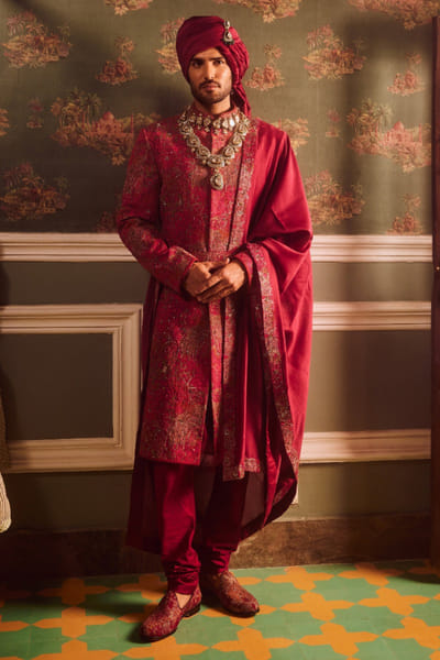 Wine resham and sequin embroidery sherwani set