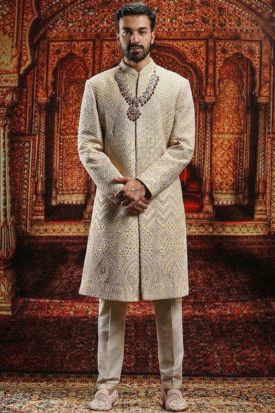 Gold dori and bead embroidered sherwani set