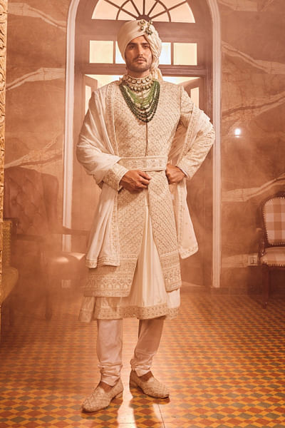 Ivory resham zardozi embroidered sherwani set