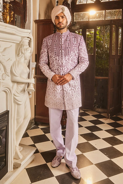 Lilac ombre resham embroidered bandhgala set