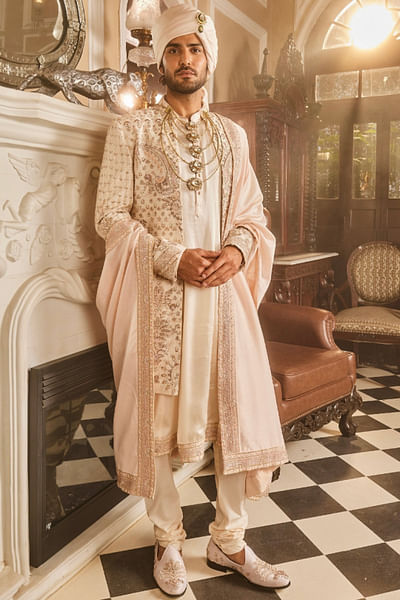 Ivory zari and bead embroidered sherwani set