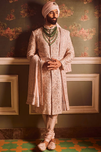 Light pink hand-embroidered sherwani set