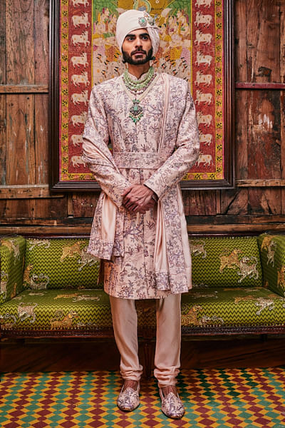 Peach resham sequin embroidered sherwani set