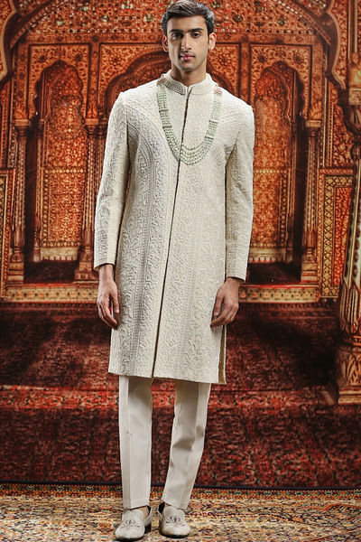 Ivory bead and cutdana embroidery sherwani set