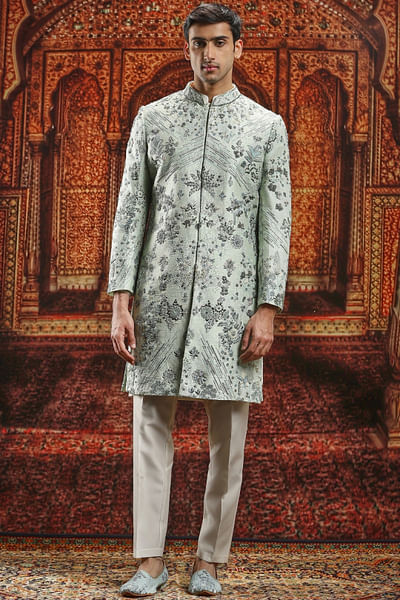 Leafy floral dabka embroidered sherwani set