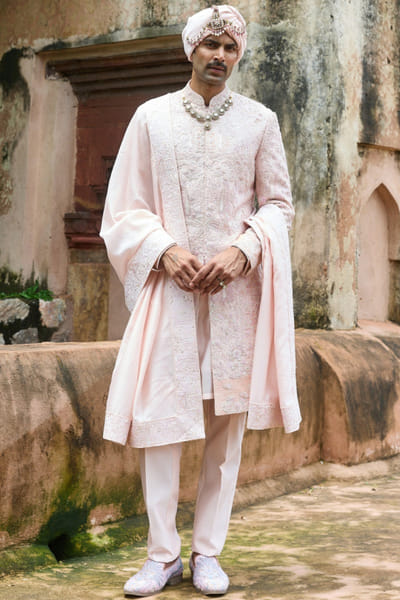 Baby pink zari embroidered sherwani set