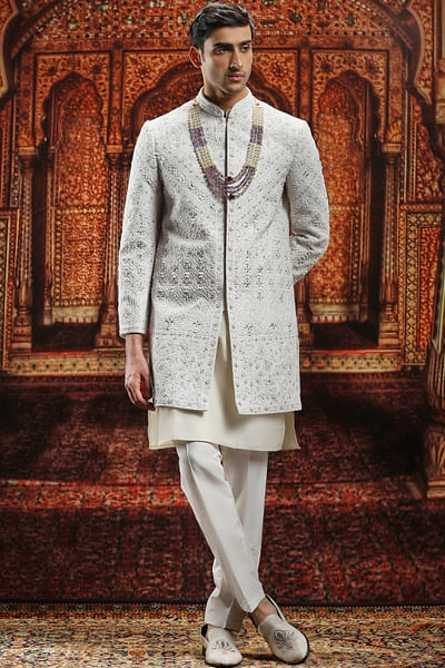 Ivory resham and dori embroidered sherwani set