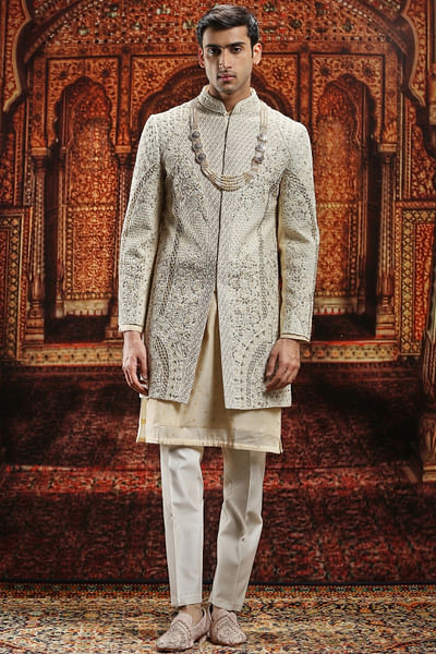 Ivory dori and bead embroidered sherwani set