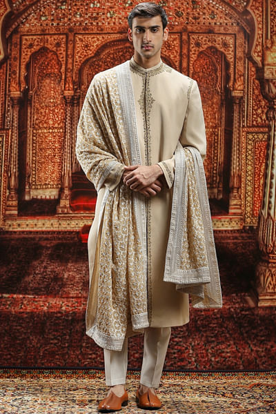 Beige pitta and sequin embroidery sherwani set