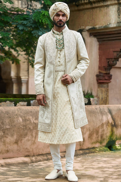 Crème pearl embroidered jacquard sherwani set