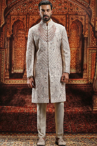 Sand brown dabka embroidered sherwani set