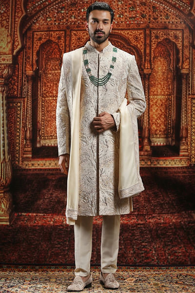 Beige bead embroidered sherwani set