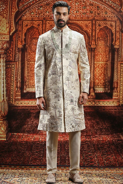 Cream dabka and pitta embroidered sherwani set