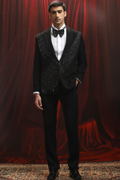 Black 3D metal embroidered tuxedo set