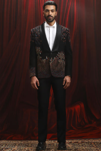 Black kantha embroidered tuxedo set