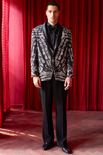 Black abstract cutdana embellished tuxedo set