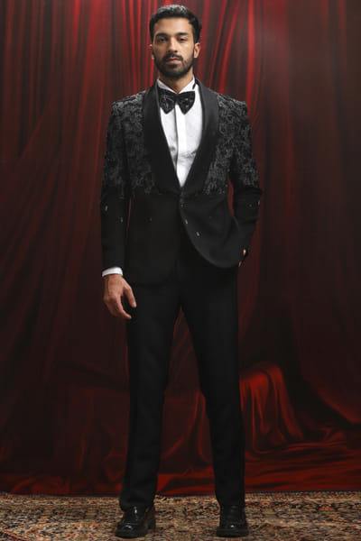 Black thread and zari embroidery tuxedo set