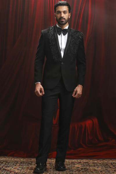Black sequin feather embellished tuxedo set