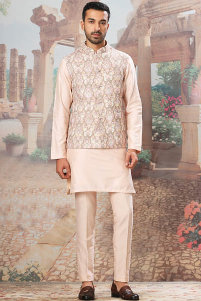 Beige embroidered bandi kurta set