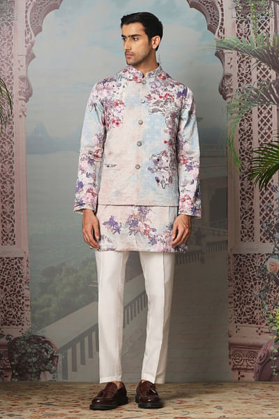 Sky blue floral printed bandi kurta set