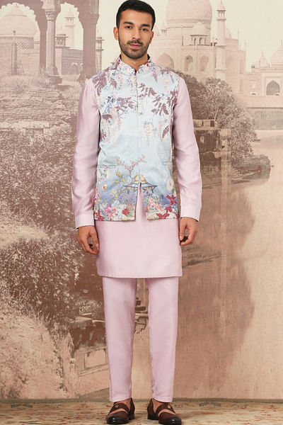 Teal and pink floral printed bandi kurta set