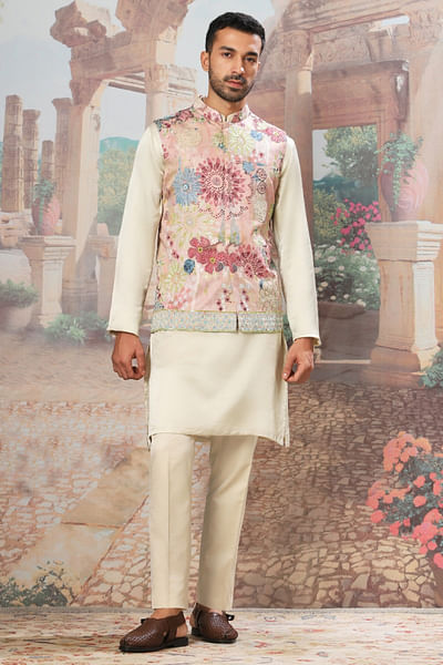 Pink floral print embroidered bandi kurta set