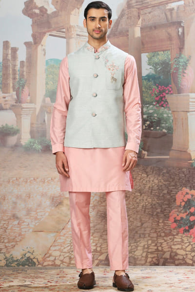 Light green bird embroidered bandi kurta set