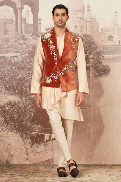 Rust orange floral embroidered bandi kurta set