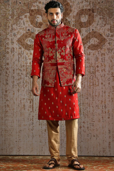 Asuka Couture Crimson heritage zari motif bandi-kurta set ASUKMAY26D245035
