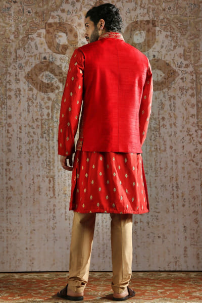 Asuka Couture Crimson heritage zari motif bandi-kurta set ASUKMAY26D245035