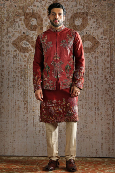 Asuka Couture Red gold brocade motif bandi-kurta set ASUKMAY26D245031