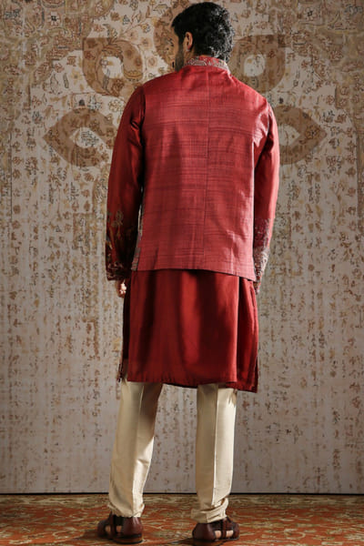 Asuka Couture Red gold brocade motif bandi-kurta set ASUKMAY26D245031