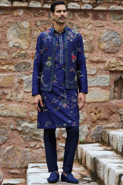 Midnight blue 3D embroidered bandi kurta set