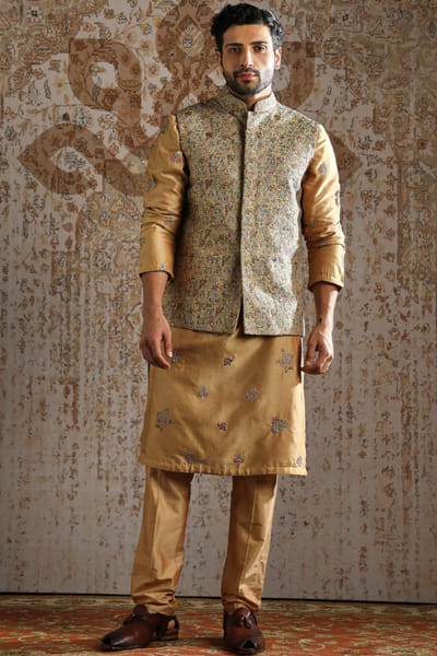 Asuka Couture Champagne gold woven floral bandi-kurta set ASUKMAY26D245037