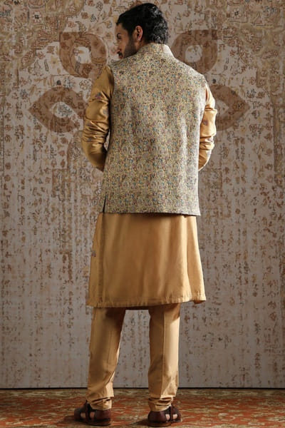 Asuka Couture Champagne gold woven floral bandi-kurta set ASUKMAY26D245037