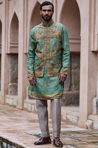 Earthy green print embroidered bandi kurta set