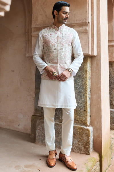 Ivory and pink dori embroidery bandi kurta set