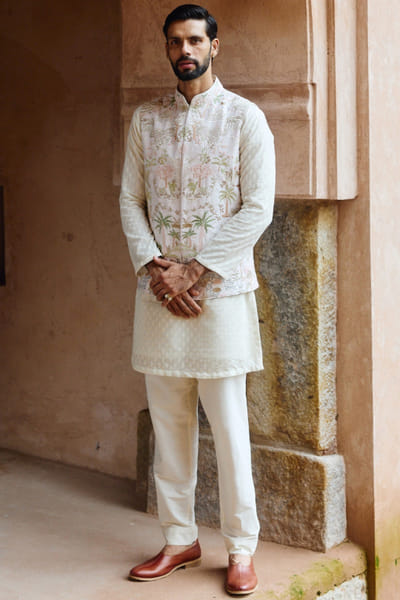 Off white pearl embroidered bandi kurta set