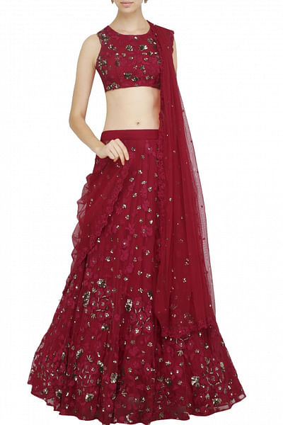 Red sequinned and embroidered lehenga set