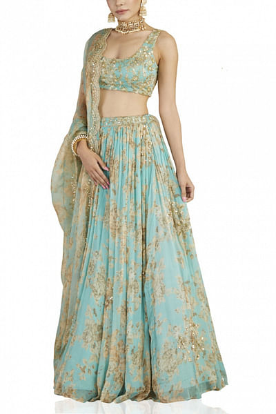 Sky blue printed lehenga set