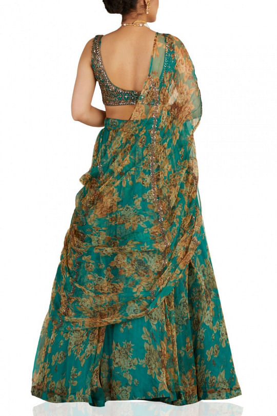 Buy Blue Net Embroidered Nakshi V Neck Metallic Floral Bridal Lehenga Set  For Women by Astha Narang Online at Aza Fashions.