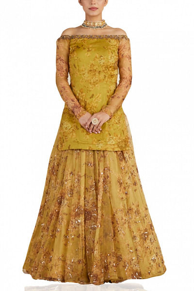 Mustard embroidered kurta and lehenga set