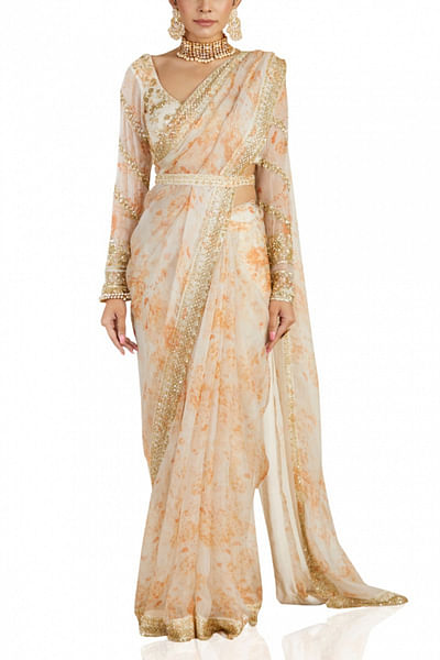 White floral organza sari set