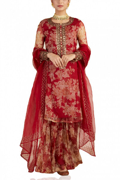 Red floral printed kurta set
