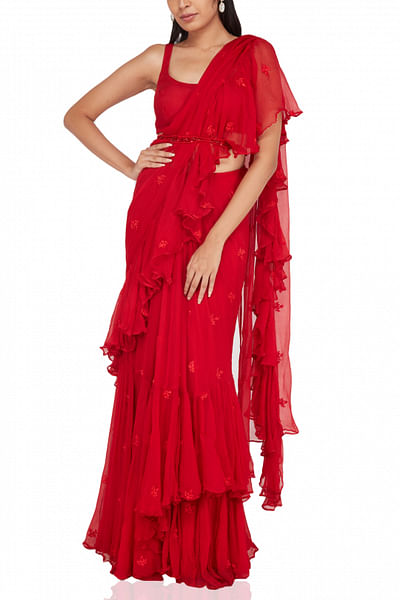 Red ruffle draped sari