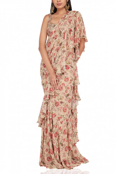 Beige floral draped sari