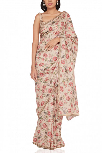 Beige floral printed sari